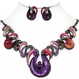Necklace Earring Set Oval Round Tear Gray Purple FNE1374