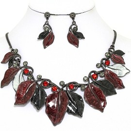 Necklace Earring Set Leaf Leaves Gray Black Dark Red FNE1386