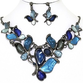 Necklace Earring Set Butterfly Gray Blue FNE1390