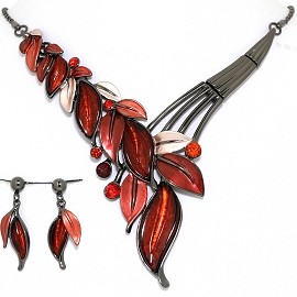 Necklace Earring Set Vine Leaf Leaves Gray Red FNE1393