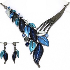 Necklace Earring Set Vine Leaf Leaves Gray Blue FNE1394