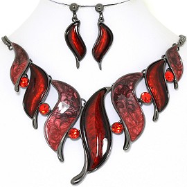 Necklace Earring Set Line Leaf Red Rhinestone FNE1398