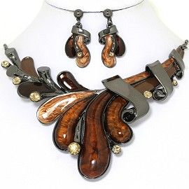 20" Necklace Earrings Set Oval Rhinestone Gray Brown FNE1402