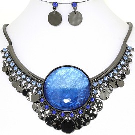 Necklace Earring Set Round Circle Gray Blue FNE1403