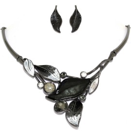 16"-19" Necklace Earrings Set Leaf Leaves Gem Black Gray FNE1447
