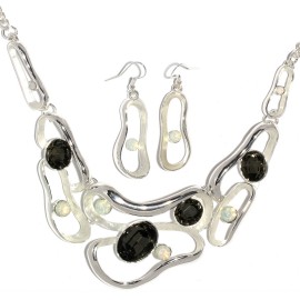 15"-18" Necklace Earrings Oval Gem Black Silver Tone FNE1449