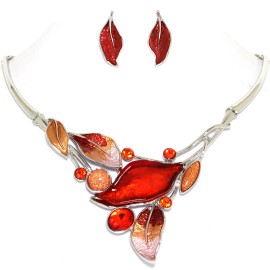 16"-19" Necklace Earrings Set Leaf Leaves Gem Red Orange FNE1453