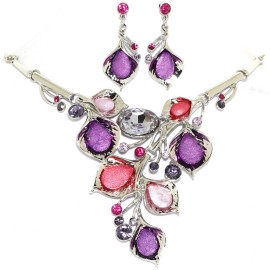 18"-21" Necklace Earrings Set Gem Flower Purple Pink FNE1456