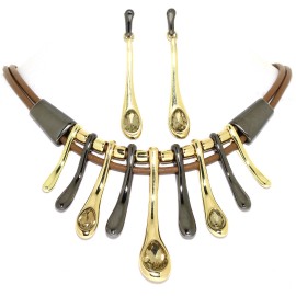 16"-19" Necklace Earrings Set Crystal Tear Leather Multi FNE1457