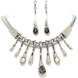 16"-19" Necklace Earrings Set Crystal Tear Silver Tear FNE1458