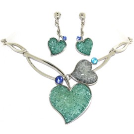 16"-18" Necklace Earrings Set Gem Hearts Turquoise FNE1460