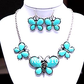 20" Necklace Earring Set Butterfly Earth Stone Turquoise FNE148