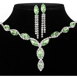 Rhinestone Necklace Earring Set Silver Light Green FNE205