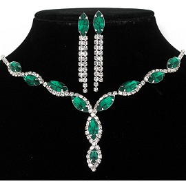 Rhinestone Necklace Earring Set Silver Green FNE207