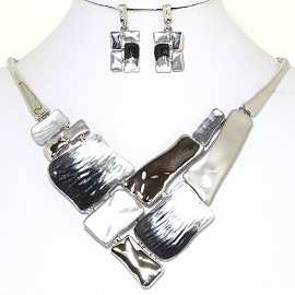 Necklace Earring Set Rectangle Metallic Silver Tone FNE228