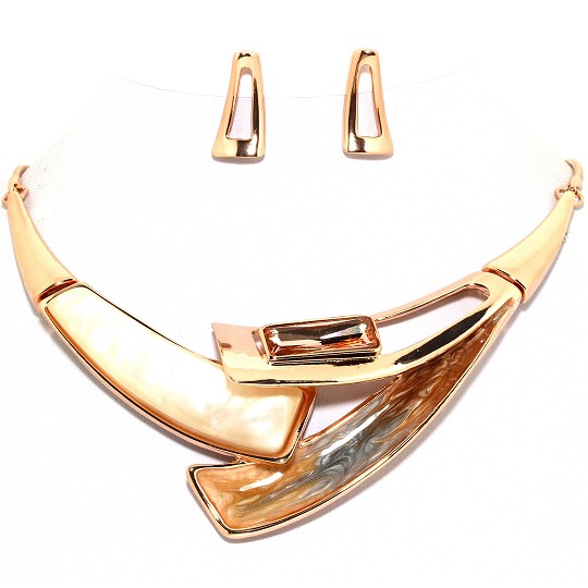 17" Necklace Earring Set Rectangle Gem Gold Tone FNE231