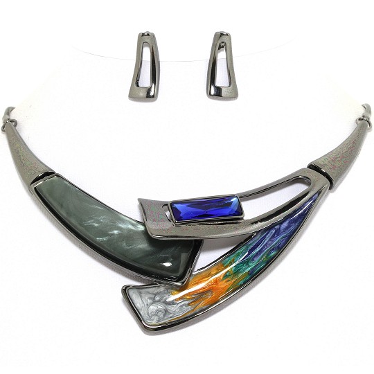 17" Necklace Earring Set Rectangle Gem Dark Gray Blue FNE232