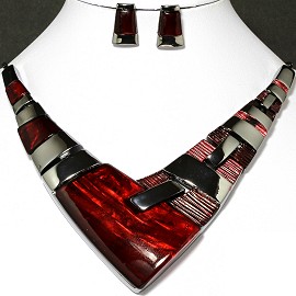 Necklace Earring Set Arrow Rectangle Gray Red FNE235