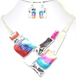 Necklace Earring Set Rectangle Multi Color Silver Tone FNE238