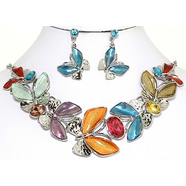 Necklace Earring Set Butterfly Silver Tone Multi Color FNE259