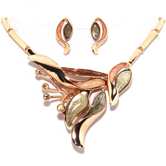 18" Necklace Earring Set Leaf Leaves Rhinestone Gold Tone FNE262