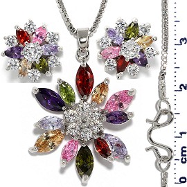 18" Necklace Zircon Sun Flower Pendant Earrings Set Multi FNE266