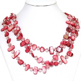 Necklace 3 Strand Crystal Rectangle Seashell Red FNE273