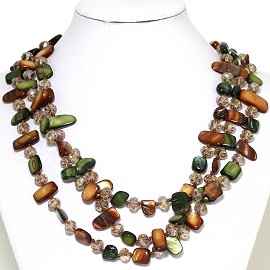 Necklace 3 Strand Crystal Rectangle Seashell Brown Green FNE276