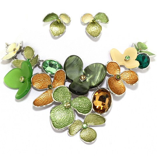 18" Necklace Earring Set Oval Flowers Rhinestone ST Green FNE281
