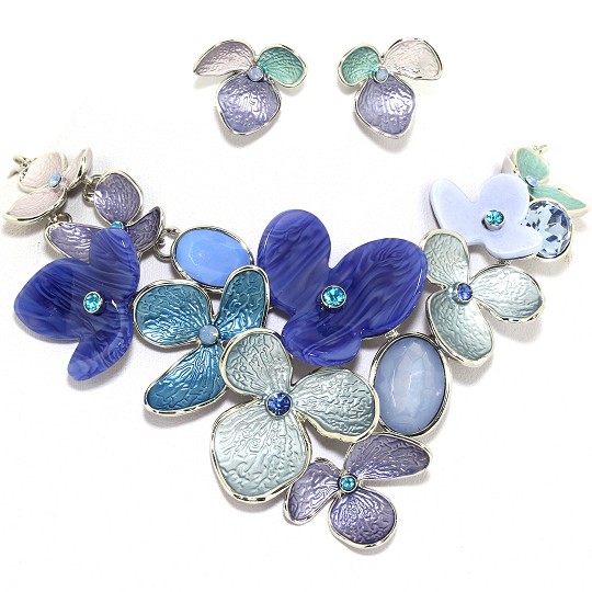 18" Necklace Earring Set Oval Flowers Rhinestone ST Blue FNE282