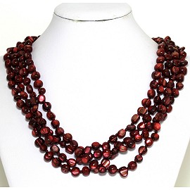 Necklace 4 Strand Shiny Smooth Stone Beads Dark Red FNE291