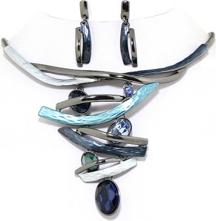 19" Necklace Earring Set Lines Oval Multi Color DKG Blue FNE295