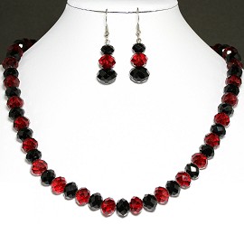 10mm Crystal Set Necklace + Earrings Red Black FNE297