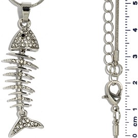 Bone Fish Rhinestone Pendant Necklace Silver Tone FNE301