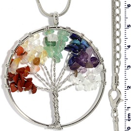Tree Of Life Stone Pendant Necklace Silver Multi Color FNE306
