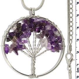 Tree Of Life Stone Pendant Chain Necklace Silver Purple FNE310