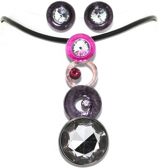 19" Necklace Earring Set Circle Disc Line Black Purple FNE323