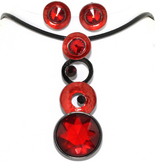 19" Necklace Earring Set Circle Disc Gem Line Black Red FNE324