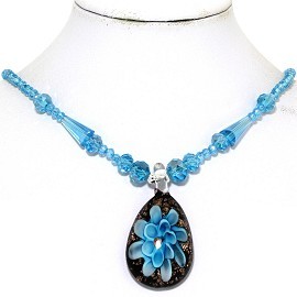Glass Pendant Crystal Necklace Flower Oval Turquoise BK FNE330