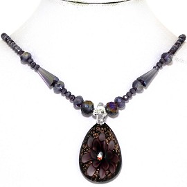 Glass Pendant Crystal Necklace Flower Oval Purple Black FNE333