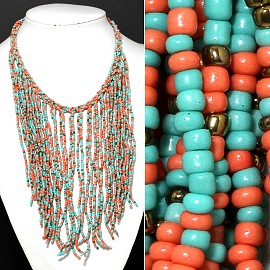 Seed Beads Necklace Turquoise Peach Gold FNE336
