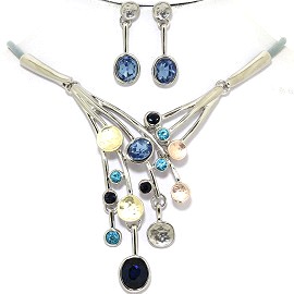 Necklace Earring Set Dangle Rhinestones Silver Tone Blue FNE362
