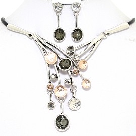 Necklace Earring Set Dangle Rhinestones Silver Tone Gray FNE363