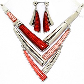 Necklace Earring Set Lines Silver Tone Red FNE367