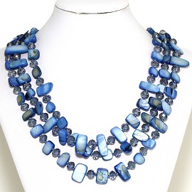 Necklace 3 Strand Crystal Rectangle Seashell Light Blue FNE368