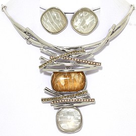 Necklace Earring Set Gems Rhinestones Silver Tone Brown FNE389