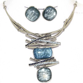 Necklace Earring Set Gems Rhinestones Silver Tone Blue FNE405