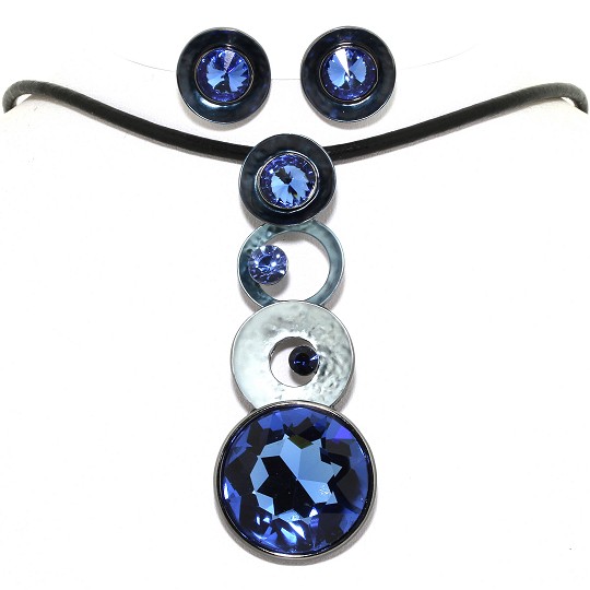 19" Necklace Earring Set Circle Disc Gem Line Black Blue FNE406