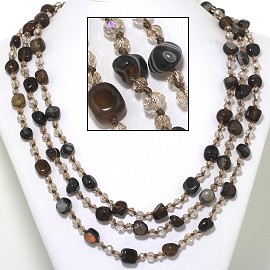 22" Necklace 3-Strings Crystal Stone Beads Dark Brown Tan FNE407
