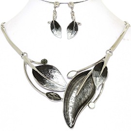 Necklace Earring Set Leaf Leaves Silver Tone Black FNE408